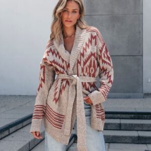 Taupe Aztec Belted Cardigan